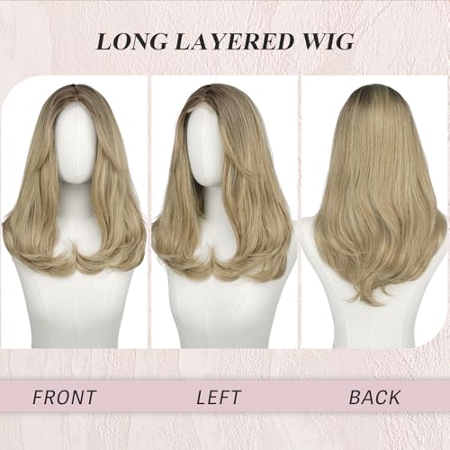 Image of FESHFEN Lace Front Hairline Wigs with Bangs, Synthetic Natural Looking Long Layered Straight Hair Wig for Women Daily Party Costume, 18 inch Ombre Mixed Blonde