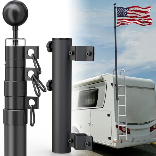 SCWN RV Flag Pole with Holder RV Ladder Mount Heavy Duty Flagpole Stand Holder Two Flag RV Ladder Flag Pole Kit