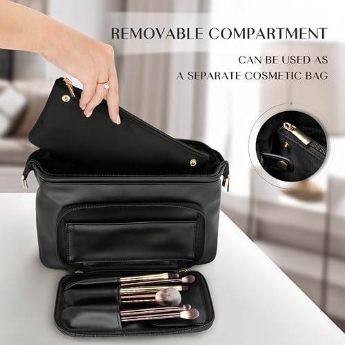Travel Makeup Bag with Brush Compartment, Large Capacity Cosmetic Case, PU Leather Toiletry Bag, Open Flat Cosmetic Storage, Beauty Organizer for Women4