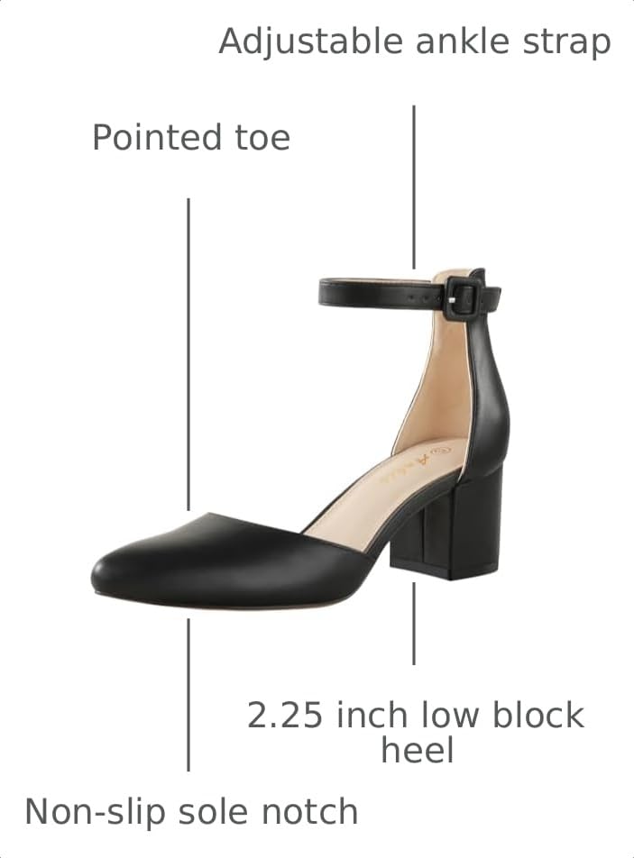 Image of Ankis Closed Toe Heels for Women, 2.25 Inch Low Block Chunky Dress Pumps | Black Nude White Gold Silver Pointed Toe Design, Soft Insole, Adjustable Ankle Strap, Classic Versatile, For Formal Daily