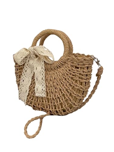 Women's Boho Crossbody Drawstring Straw Bags Double Top Handle Vacation Shoulder Handbags