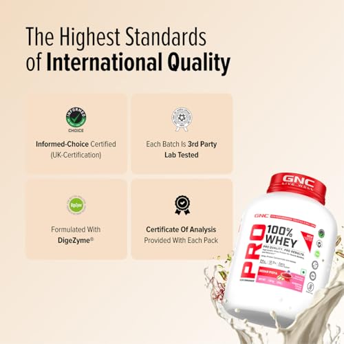 Image of GNC Pro Performance 100% Whey Protein | New Formulation | 24g Protein, 5.7g BCAAs, 12.3g EAAs | Added DigeZyme | Whey Isolate & Concentrate Blend, Low Carb (4.51g), No Added Sugar | Kesar Pista, 1.81Kg