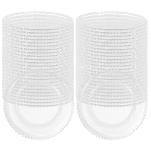 FXKS 50 PCS Clear Round Charger Plates with Beaded Rim 13 Inch Plastic Acrylic Plate Plastic Round Beaded Dinner Decorative Service Plates for Wedding Party Event Home Kitchen Tabletop(Clear)
