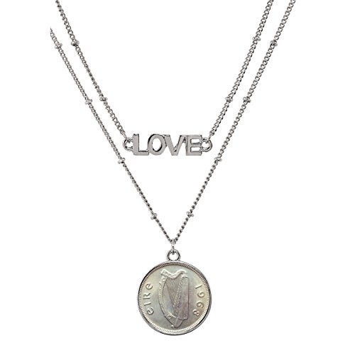 American Coin Treasures Irish Threepence Coin Pendant Necklace Love - Ireland Three Pence Harp Coin for Collectors | Lobster Claw Clasp | double strand 18