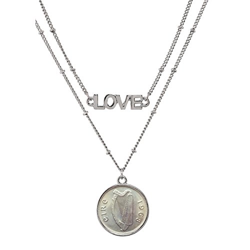 Irish Threepence Coin Pendant Necklace Love – Ireland Three Pence Harp Coin for Collectors | Silvertone Chain |Lobster Claw Clasp | double strand 18” Saturn style chain for Women | Elegant Gift Box