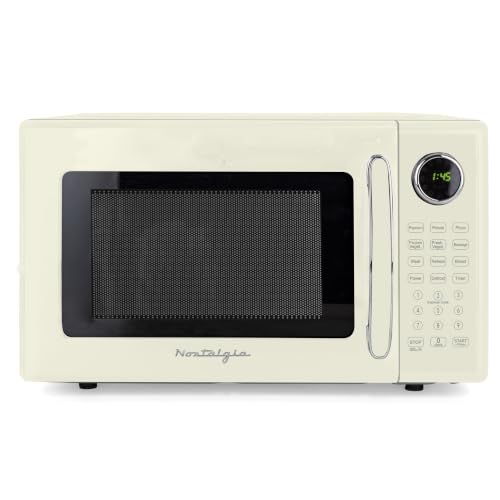 Image of Nostalgia Retro Microwave Oven - 1.1 Cu Ft, 1000-Watt Countertop Size with Glass Turntable, Child Safety Lock, 8 Auto-Cook Programs, Digital Clock - Ivory