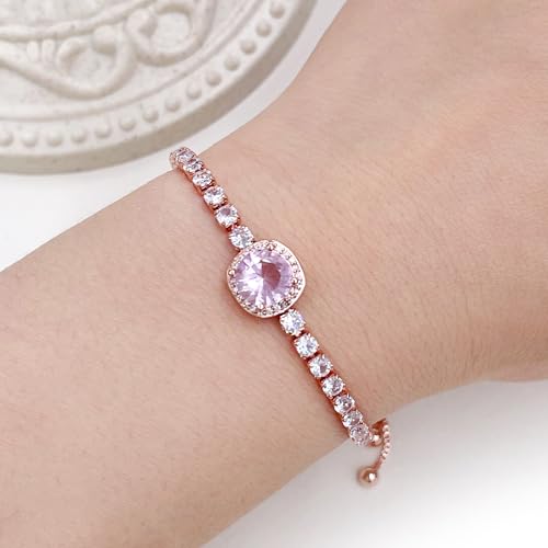 Image of Rose Plated Gold Brass Box Chain Cubic Zirconia Classic Tennis Slider Adjustable Bracelet, Round Big Zircon Charm Give Woman Mom Mother's Day Fashion Crystal Gift