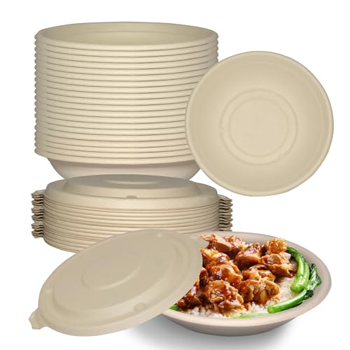 24 oz Round Disposable Compostable Paper Bowls with Fiber Dome Lids - Heavy-Duty, Eco-Friendly Natural Bagasse Unbleached, Heat Resistant, 100% Biodegradable Salad Bowls Alternative to Plastic (50)