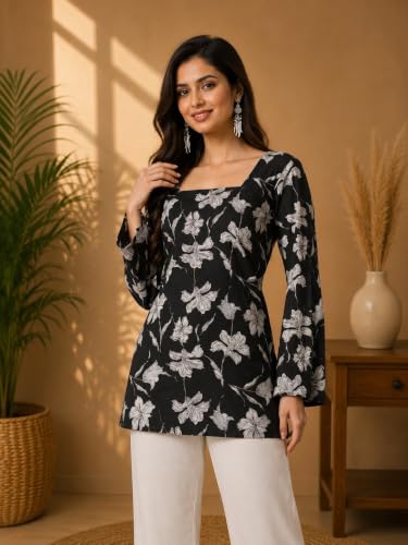 Image of Rayon Floral Print Short Kurti for Women | Square Neck Long Sleeve Top for Women | Criss Cross Back Desing Kurti | Soft Breathable Fabric | Relaxed Fit | Casual and Office Wear