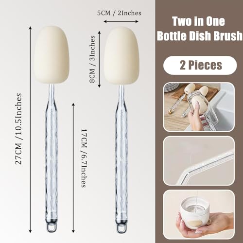 Image of Ouliget Two in One Multi Function Sponge Bottle Dish Brush,Long Handle Straw Cleaner Brush Bottle Brush Cleaner,Bottle Brush Scrub for Water Bottles, Glasswares, Narrow Neck Bottles, Sippy Cup, 2 Pack