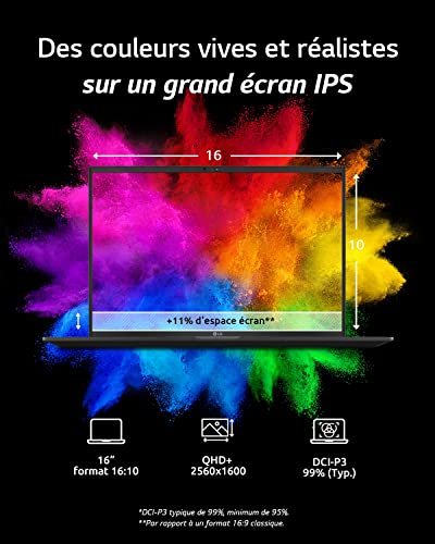 LG gram 16Z90R G.AA56F PC portable 16" écran IPS QHD+ 16:10 Plateforme Intel Evo i5 RAM SSD NVMe Intel Iris Xe Thunderbolt 4 Windows 11 Clavier AZERTY - vue 4