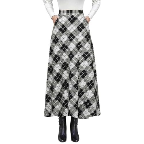 Falda A Cuadros para Mujer Vintage Faldas de Invierno Larga Vintage Estilo A Plisada Casual de Cintura Alta Maxi Falda Tipo Swing con Bolsillo Faldas de Lana