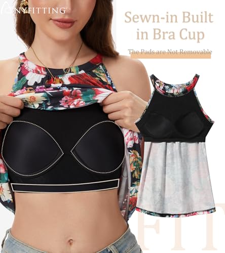 Image of Women Halter Tank Top with Built in Bra Flowy Sleevless Padded Camisole Loose Fit Summer Shirt Top S-3XL