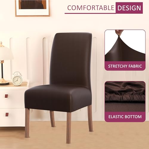 Image of Kuber Industries 6 Pcs Stretchable Dining Table Chair Cover Machine Washable Chair Protector Seat Slipcover for Kitchen & Living Room | Plain - Brown