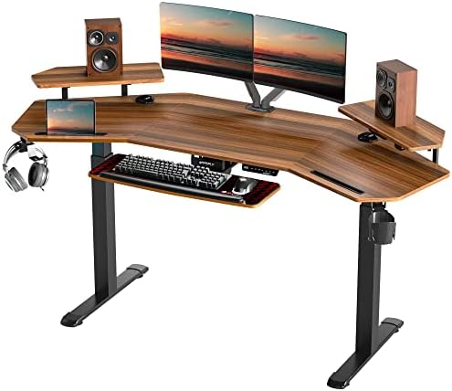 EUREKA ERGONOMIC Standing Desk Keyboard Tray, Wing Shape, 72'' Large Studio Music Desk, Sit Stand Home Office Recording Work, LED Convertible Shelf, Electric Height Adjustable Dual Motor, Walnut Wood