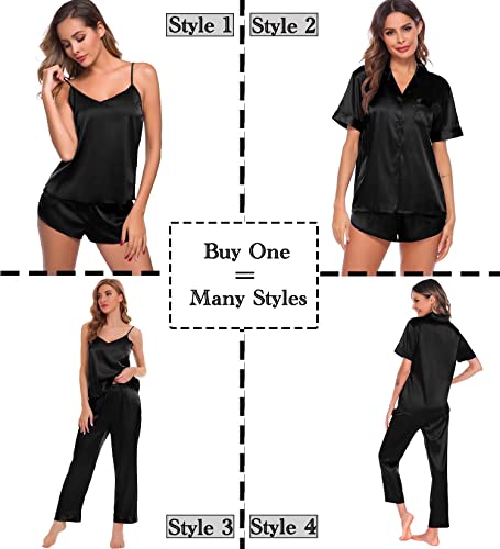 Image of SWOMOG Womens Silk Satin Pajamas Sets 4pcs Sleepwear Sexy Cami Shorts Set and Button Down Short Sleeve Pjs Loungewear Solid Color Black X-Large