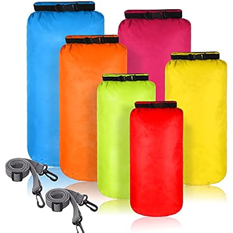 6 Stück wasserdichte Trockenbeutel Set Trockensäcke Leichte Luftdichtes Kombi Set mit 20 L 15 L 10 L 8 L 5 L 3 L Säcken und Lange Verstellbare Schulterriemen für Kajakfahren (Helle Farbe) Cover