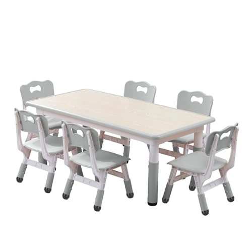 Kids Table and Chairs Set, Height Adjustable Desk With 6 Seats for Ages 3-12,Arts & Crafts Table,Graffiti Desktop, Non-Slip Legs, Max 300lbs, Children Multi-Activity Table for Classrooms,Daycares,Home