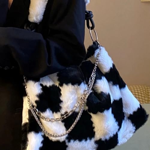 Fluffy Shoulder Bag Plaid Plush Underarm Bag Y2K Fuzzy Chain Crossbody Bag for Women Winter2
