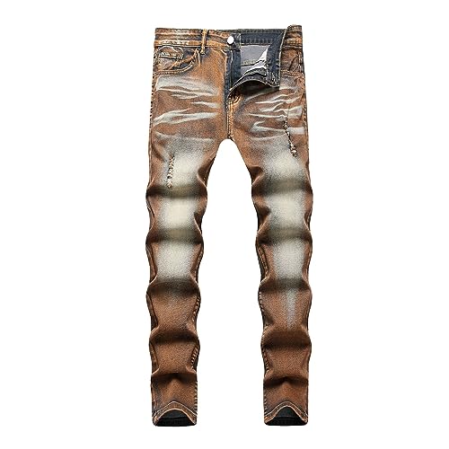 JEKE-DG Men's Slim Fit Stretch Jeans Ripped Skinny Distressed Straight Leg Jeans Fashion Comfort Waist Pants (40,Khaki)