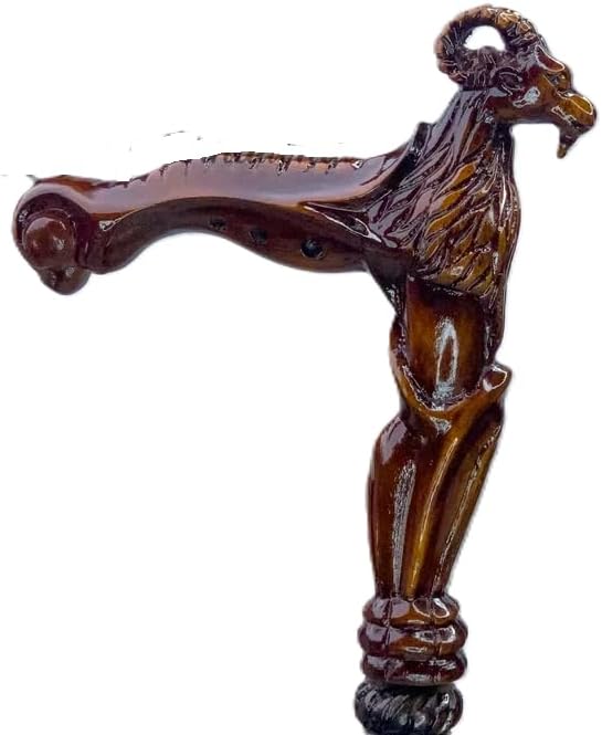 Wooden Goat Engraved Hand carved Cane - Premium Wood Carved Walking Stick Cane With Ergonomic Palm Grip Handle - 36" Brown Handmade Elegant Carved Walking Stick For Men Women