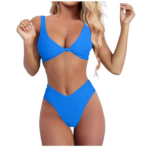 Conjunto de Bikini para Mujer Traje de baño de Dos Piezas con Tanga de Pierna Alta y realce con en la Parte Delantera y Cuello en V sólido, en Nylon, Confortable y séchage Rapide, Ideal para mer