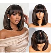 Arabella Bob Wig Human Hair 6X6 Bob Wig with Bangs 12inch highlight Bob Wig | 210% Density,1BP30 ...