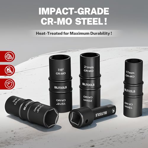 BILITOOLS Lug Nut Socket Set, 1/2 inch Drive Non-Marring Impact Flip Socket Set Metric 17-19 - 21-22 mm & SAE 3/4-13/16-7/8-15/16 inch, Thin Wall Wheel Protector Nut Socket