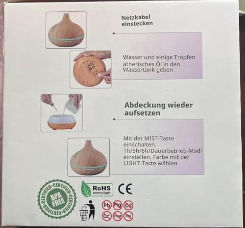 460ml Aroma Diffuser für Duftöle, Premium Ultraschall Luftbefeuchter Aromatherapie Öle Diffusor mit 7 farbigem LED Licht, BPA Free Schlafzimmer, Büro, Spa – Bild 2