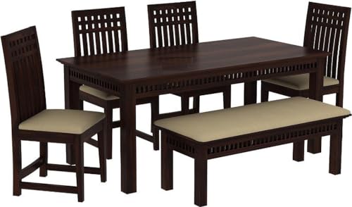 Image of Sheesham Wood 6 Seater Dining Table with 4 Cushioned High Back Chairs and 1 Bench for Living Room Home Wooden Dining Room Sets for Dinner Rooms (Mahoghany Finish)
