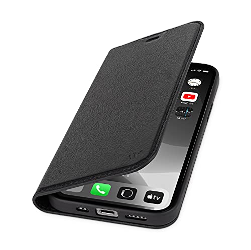 WIIUKA Hülle für iPhone 13 mini Deutsches Premium Leder mit Kartenfach extra Dünn Handyhülle mit Standfunktion Tasche Schwarz