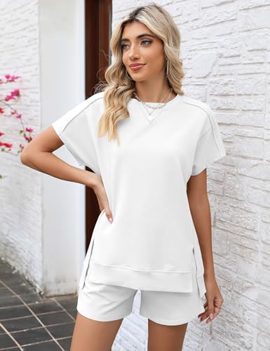 Image of LOMON Womens Fashion 2 Piece Outfits Sweatsuits 2026 Summer Short Sleeve Loungewear Tracksuit Round Neck Lounge Shorts Sets