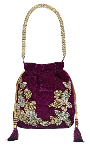 Image of Velvet Potli Bag with Golden & Silver Beaded Flower Embroidery - Handcrafted Ethnic Drawstring Bag for Weddings, Parties & Festive Gifts - Beaded Handle & Tassels for Women