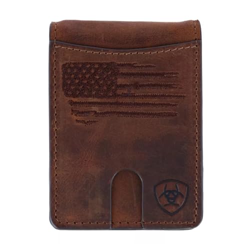 ARIAT Men's Wallet, Brown Genuine Leather, Money Clip Style, Distressed USA Flag, Shield Logo, Card Slots, ID Window