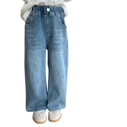 Girls Baggy Wide Leg Jeans Straight Elastic Waist Casual Distressed Denim Pants Kids Y2K Streetwear with Pockets