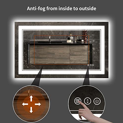 44 x 30 Inch LED Bathroom Mirror, Front Light and Backlit Lighted Vanity Mirror, Anti-Fog, Dimmable Memory, Shatterproof, Wall-Mounted