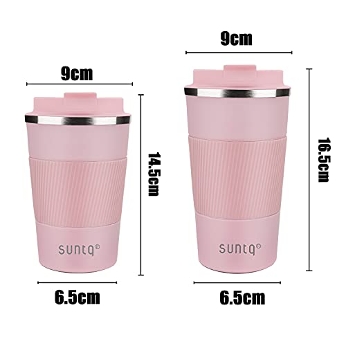 SUNTQ Tazas de café reutilizables de viaje de 510 ml con tapa a prueba de fugas - Taza térmica aislada - Taza de viaje de acero inoxidable con agarre de goma para bebidas calientes y frías, color rosa - Imagen 3