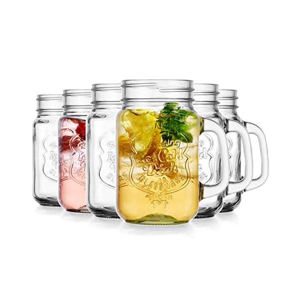 Glaver's Drinking Jars – Set of 6 Mason Jar Cups – 16 Oz Glass Mugs with Handle, Ice-Cold Drink Glassware Logo – Jars Ideal for Cold Beverages, Cocktails, Smoothies, Sodas, Juice.