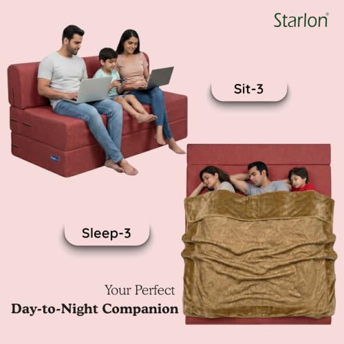 Image of Starlon 3 Seater Foldable Sofa Cum Bed 3-in-1 with 2 Waves Pattern Pillows, Washable Jute Fabric Cover, Space Saving Guest Bed, Pre-Assembled Royal Maroon 5x6.5 Ft