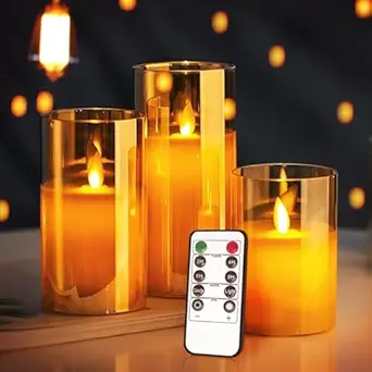 TIED RIBBONS Pack of 3 Flameless LED Candles with Remote Controller and Timer AAA Battery Powered with Golden Acrylic Fiber Glass for Home Decor Bedroom Festival Wedding Christmas Decoartion Items
