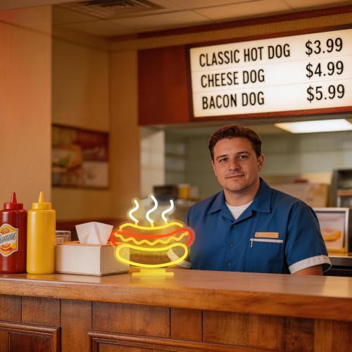 Image of Hot Dog Neon Signs for with Type-C & USB Power Wall Decor, | LED Food Sign Hot Dog Gifts for Kitchen, Bar & Restaurant, Acrylic Base & Hooks Included