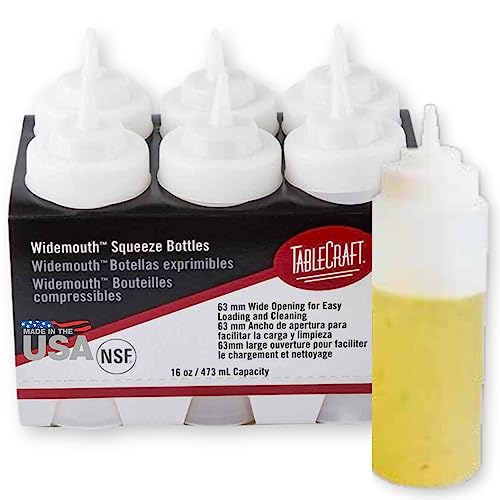 TableCraft C11663C Widemouth Squeeze Bottles 16 Ounces White Polyethylene Pack of 6 Large 63mm Opening for Easy Filling Standard Cone Tip Dishwasher Safe NSF Approved Made in USA
