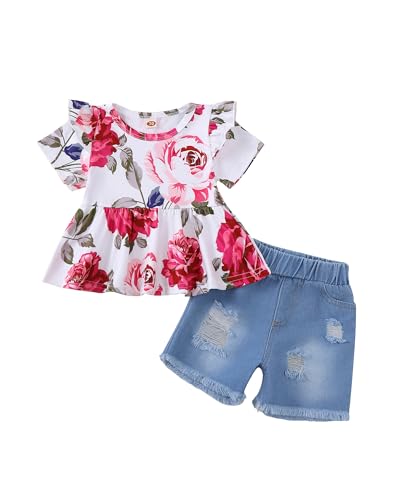 Image of Mikrdoo Baby Girl Clothes Toddler Girl Summer Outfits Shirts Tops Ripped Denim Shorts Set Little Girls Clothes