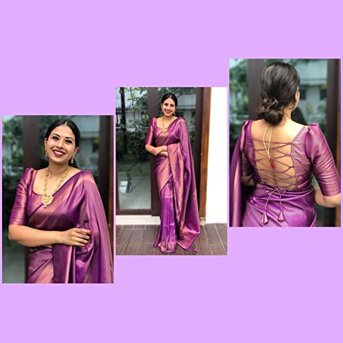 Image of Flosive Women's Kanjivaram Soft Silk Saree With Unsticted Blouse Piece, Purple