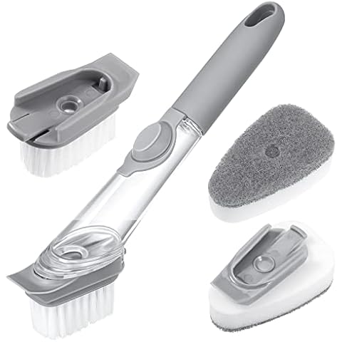 Opopark Dish Brush With Soap Dispenser, Long Handle brush Heads Cleaning Brush with 2 Sponge and 1Replaceable Dish Brush, for soap refilling without leak Cover