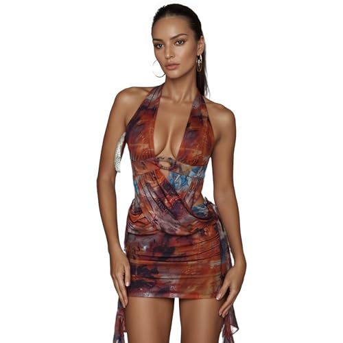 Image of Women's Sexy Open Back Floral Tropical Vacation Dress Crop Wrap Mesh Ruffle Mini Dress Beach Dresses
