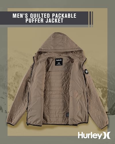 Image of Hurley Mens Puffer Jacket - Lightweight Packable Insulated Winter Coat for Men - Weather Resistant Quilted Outdoor Jacket