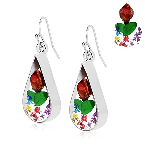 Emoin Pressed Flower Earrings,Pressed Flower Teardrop Earrings,Metal Alloy Pressed Flower Teardrop Earrings,Drop-shaped Rose Dry Flower Earrings,Oval Drop Earrings| For Birthday Gift ,Graduation Gift