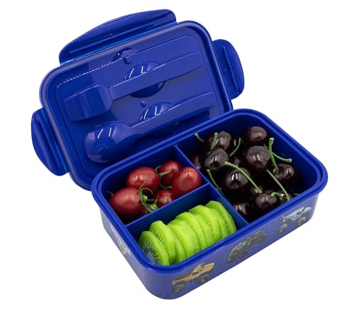 Image of Fast Forward Monster Jam Bento Box Lunch Kit for Boys | 3-Section Grave Digger Lunch Container with Fork and Spoon | BPA-Free Dishwasher Safe Monster Truck Lunch Box | Ages 3+