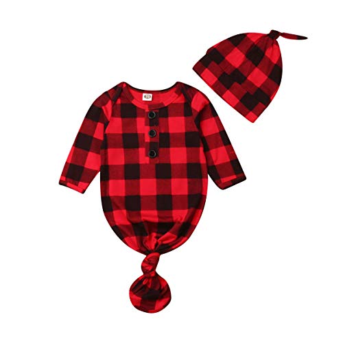 Newborn Baby Gown Cotton Nightgown Long Sleeve Striped Baby Sleeping Bags Baby Boy Girl Coming Home Clothes Outfits Set (3-6 Months, Red Plaid)